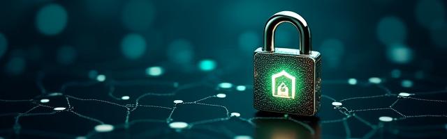 Secure digital padlock icon overlaid on a network diagram