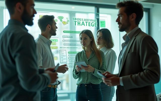 Team collaborating around a whiteboard with API strategy diagrams, illustrating discovery, goal setting, and roadmap creation.